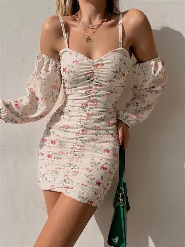 Floral Print Spring/Summer Women's Sleeveless Mini Dress 2024 Slash Neck Camisole