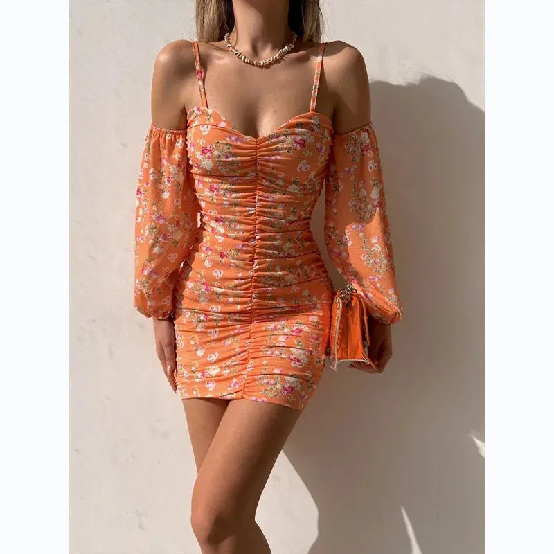 Floral Print Spring/Summer Women's Sleeveless Mini Dress 2024 Slash Neck Camisole