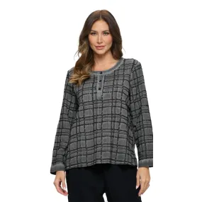 Focus Check-Print Long Sleeve Tunic in Gunmetal - EC-427-GM - Size S Only!
