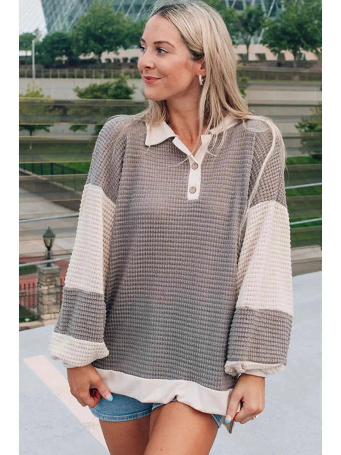 Khaki Waffle Colorblock Collared Henley Top