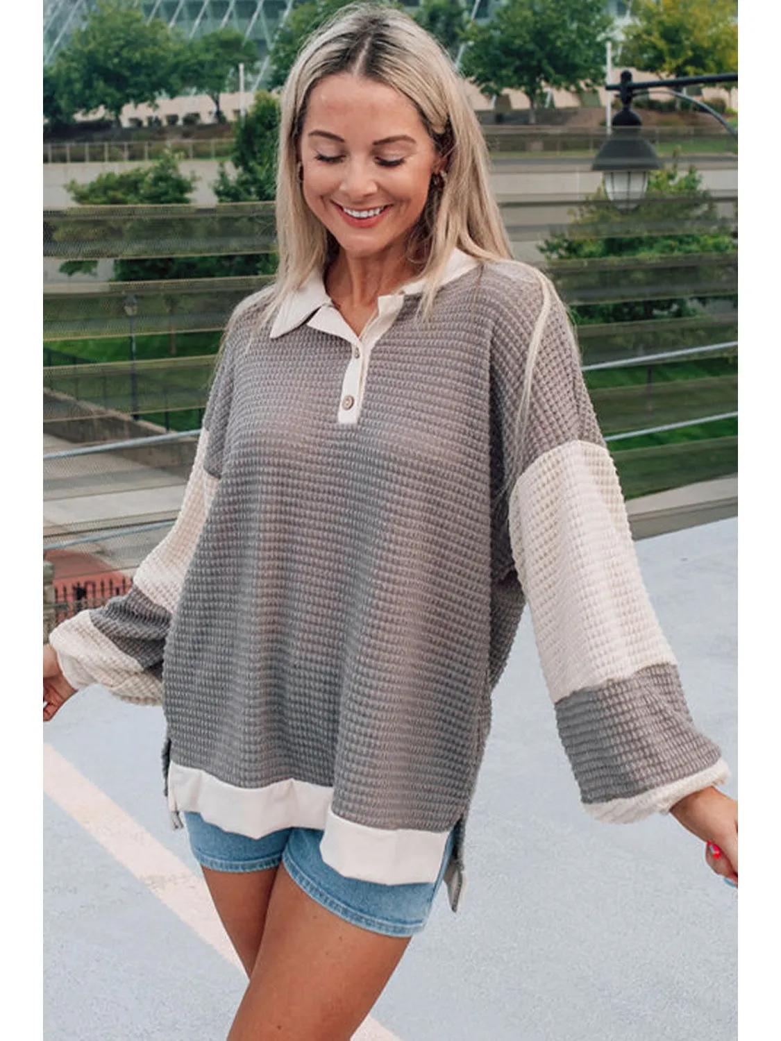 Khaki Waffle Colorblock Collared Henley Top
