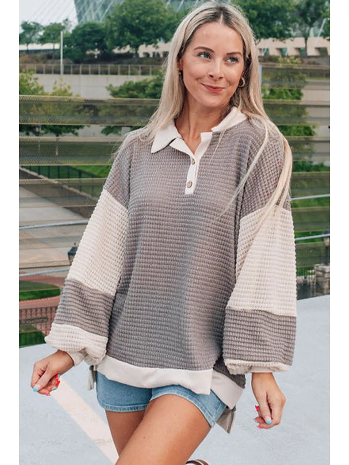 Khaki Waffle Colorblock Collared Henley Top