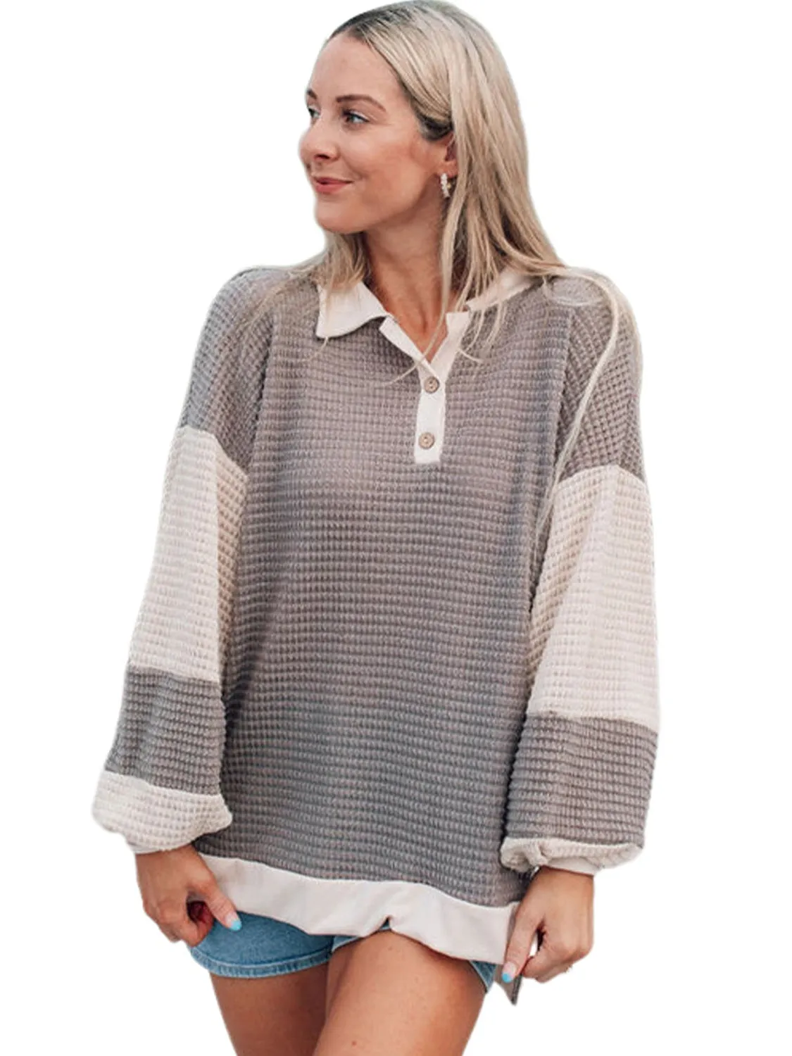 Khaki Waffle Colorblock Collared Henley Top