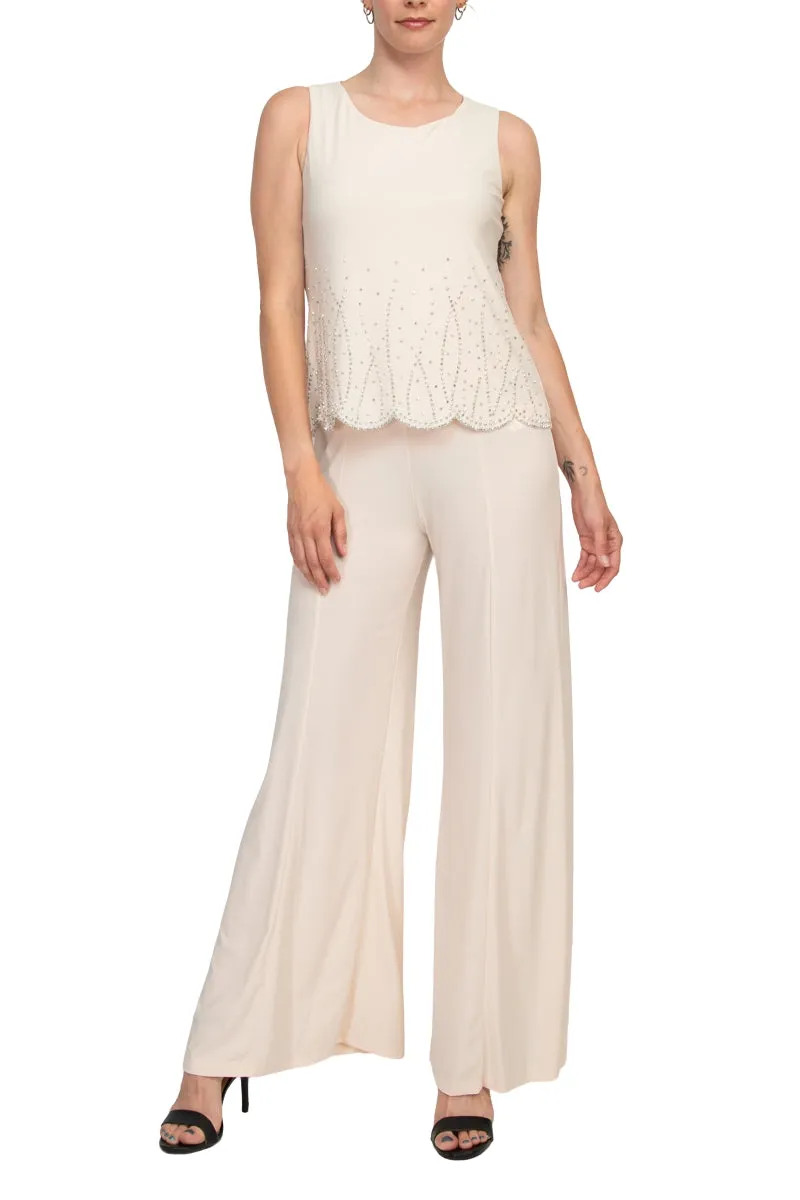 Marina Scoop Neck Sleeveless Embellished Scalloped Hem Mock 2 Piece Jumpsuit with Long Sleeve Embellished Long Bodied Jacket