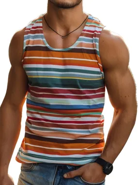 Men's Casual Colorful Striped Print Crew Neck Tank Top