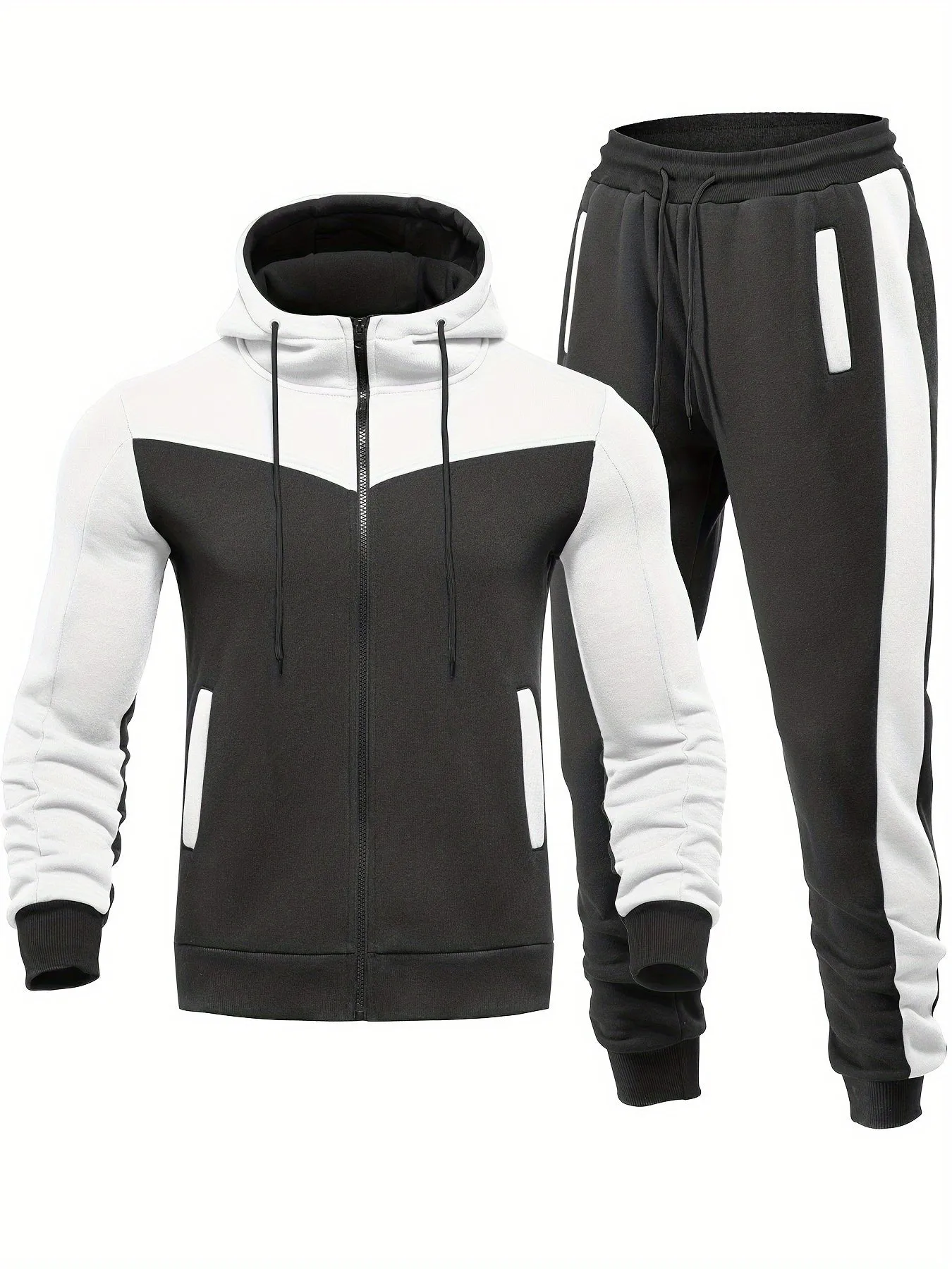 Mens Color Block 2 Piece Outfits, Hooded Zip Breathable Casual Jacket And Casual Drawstring Sweatpants Set For Spring Autumn, Men's Clothing