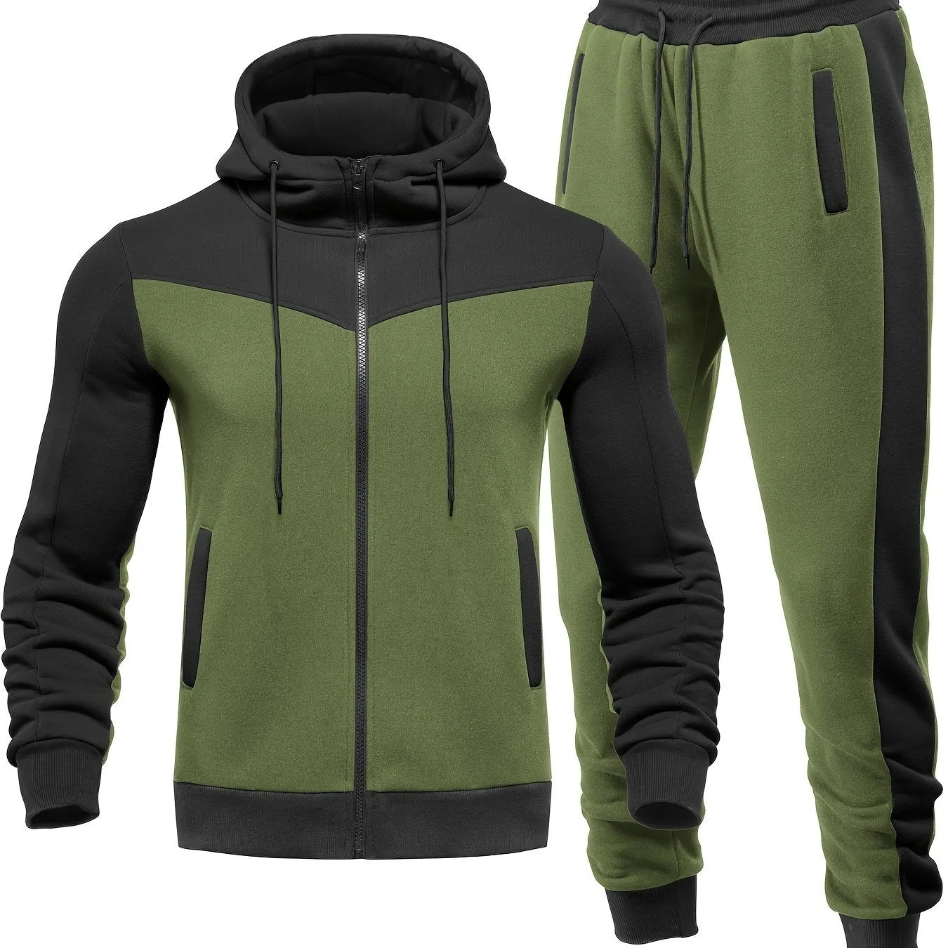 Mens Color Block 2 Piece Outfits, Hooded Zip Breathable Casual Jacket And Casual Drawstring Sweatpants Set For Spring Autumn, Men's Clothing