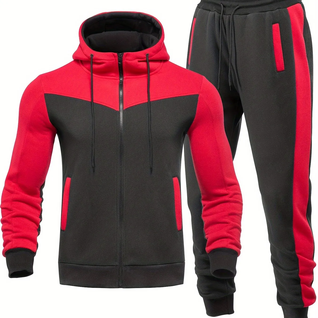 Mens Color Block 2 Piece Outfits, Hooded Zip Breathable Casual Jacket And Casual Drawstring Sweatpants Set For Spring Autumn, Men's Clothing