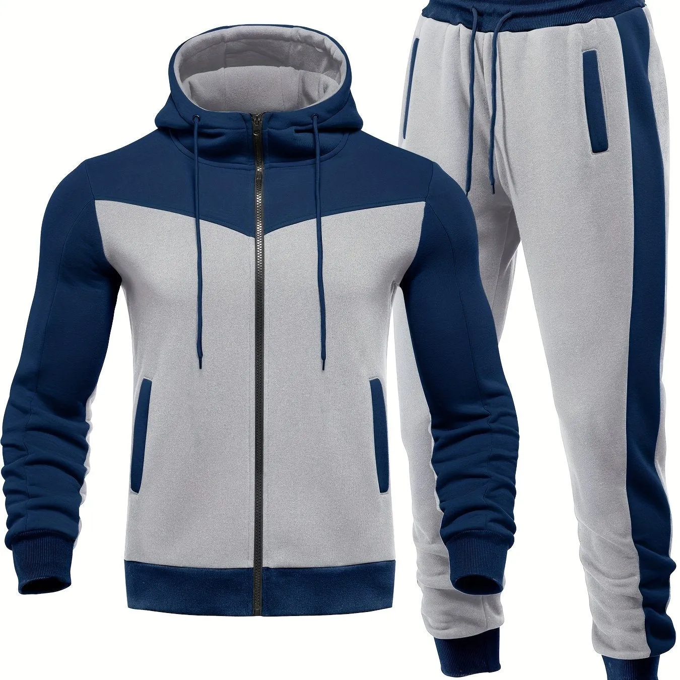 Mens Color Block 2 Piece Outfits, Hooded Zip Breathable Casual Jacket And Casual Drawstring Sweatpants Set For Spring Autumn, Men's Clothing