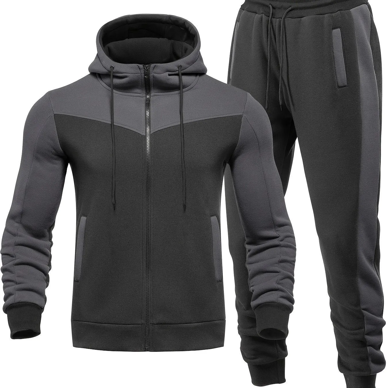 Mens Color Block 2 Piece Outfits, Hooded Zip Breathable Casual Jacket And Casual Drawstring Sweatpants Set For Spring Autumn, Men's Clothing