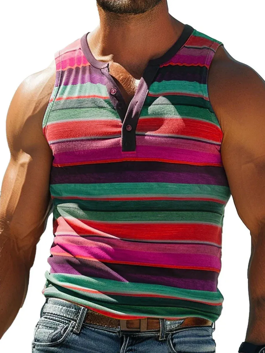 Men's Rainbow Stripe Casual Crew Neck Tank