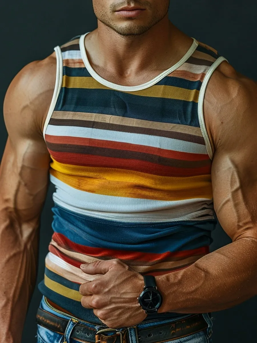 Men's Retro Colorful Striped Round Neck Casual Tank Top