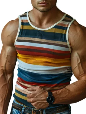 Men's Retro Colorful Striped Round Neck Casual Tank Top