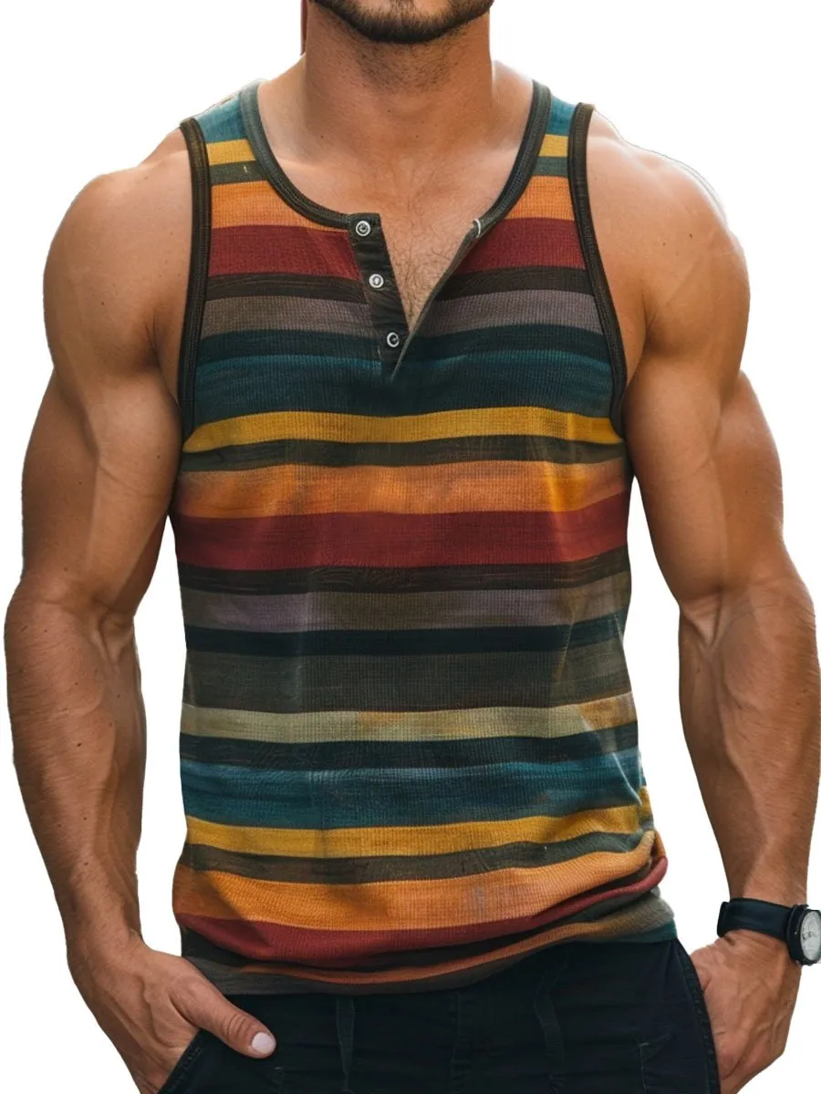 Men's Round Neck Button Retro Stripe Print Casual Tank Top