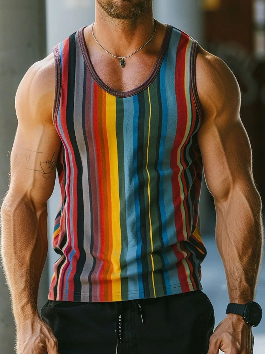 Men's Round Neck Colorful Striped Print Casual Sleeveless Tank