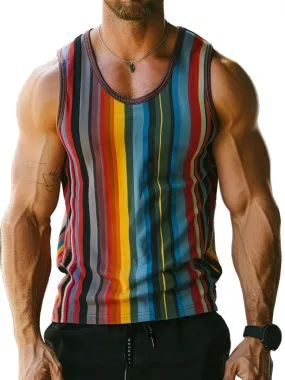 Men's Round Neck Colorful Striped Print Casual Sleeveless Tank