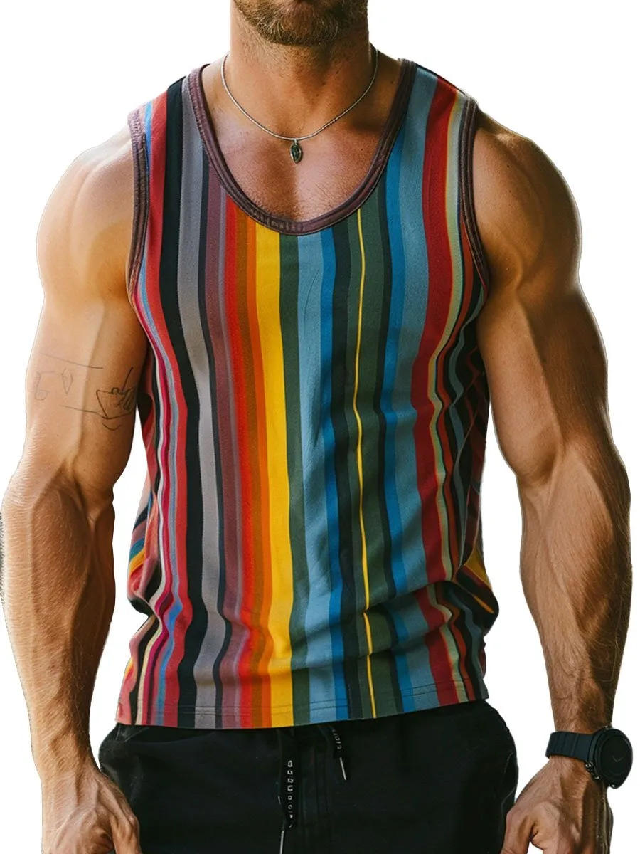 Men's Round Neck Colorful Striped Print Casual Sleeveless Tank