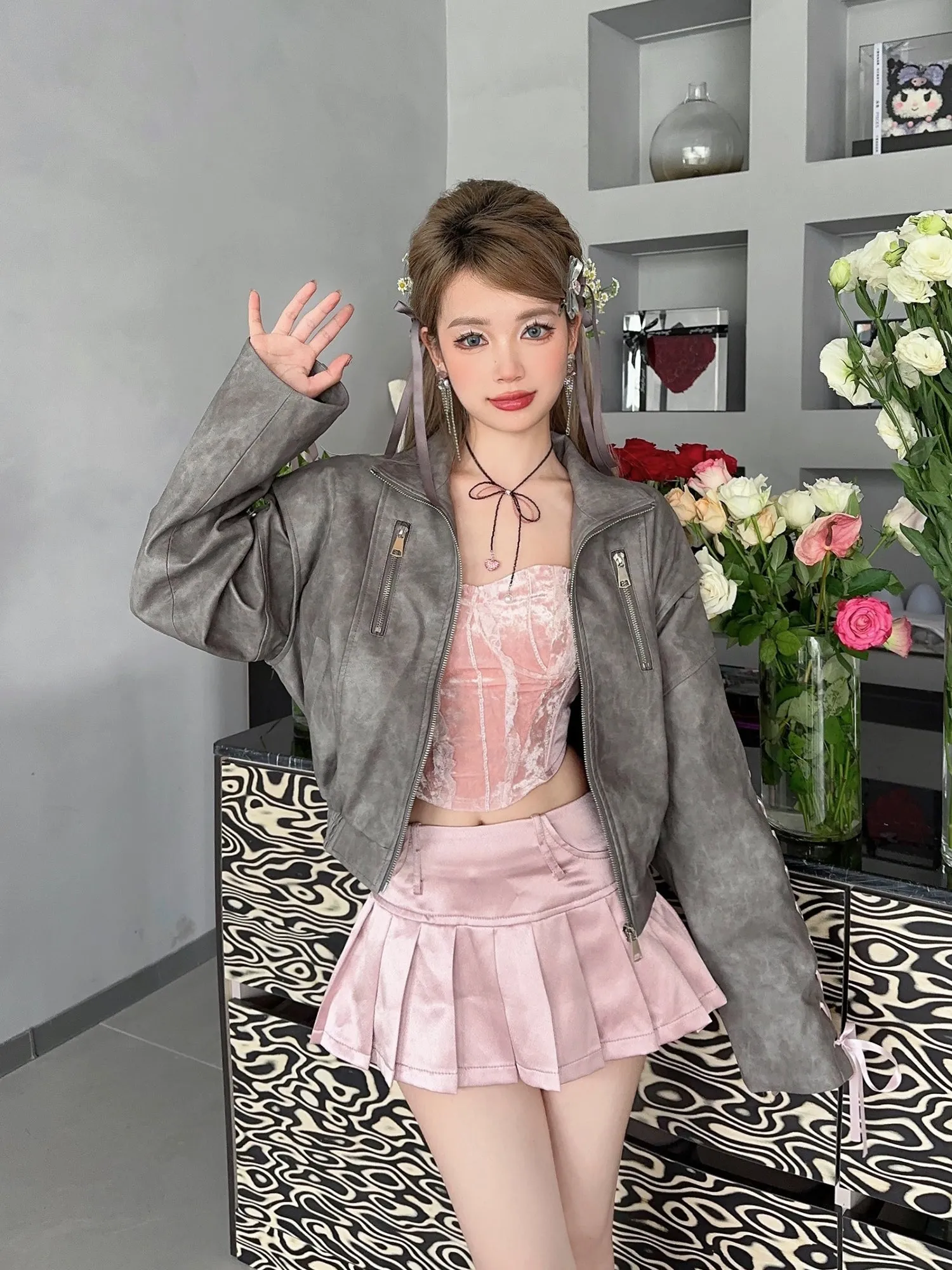 Monet Coquette Bow Gray Leather Jacket & Sexy Pink Strapless Bandeau Tube Top & Pleated Skirt Three Piece Set