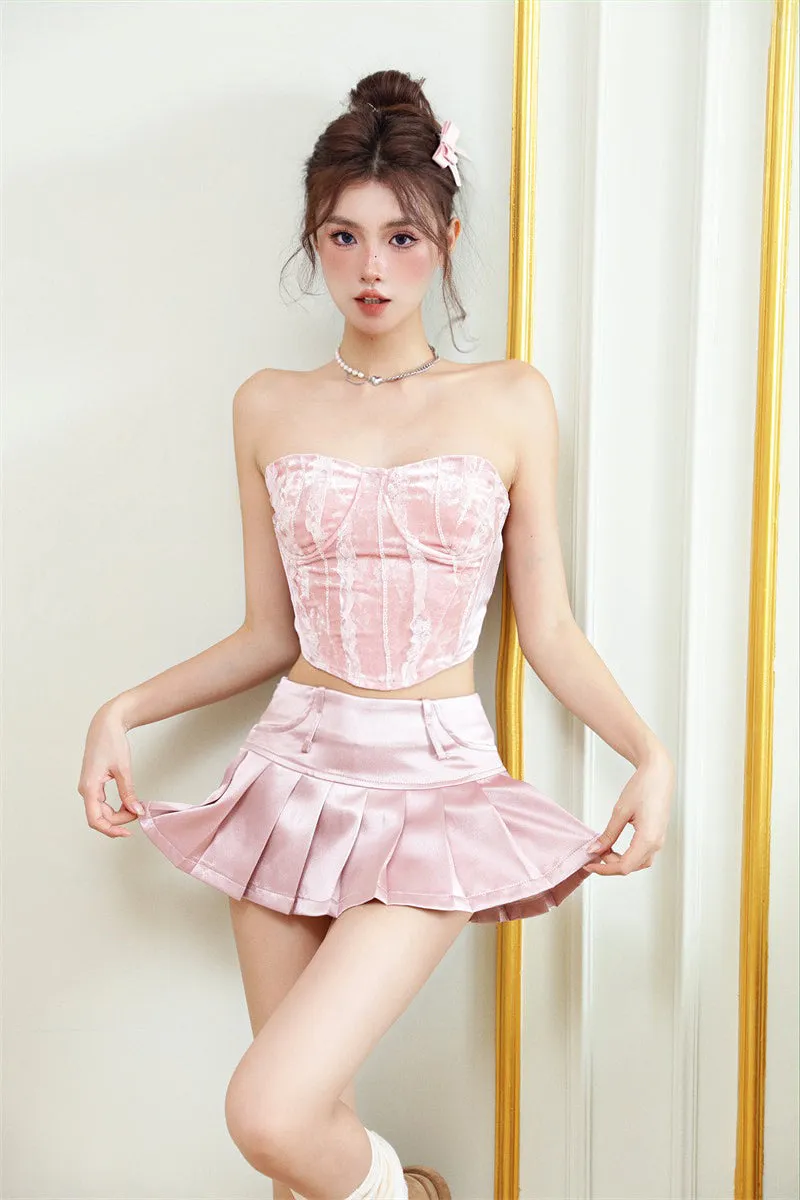 Monet Coquette Bow Gray Leather Jacket & Sexy Pink Strapless Bandeau Tube Top & Pleated Skirt Three Piece Set