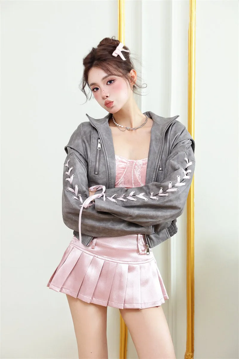 Monet Coquette Bow Gray Leather Jacket & Sexy Pink Strapless Bandeau Tube Top & Pleated Skirt Three Piece Set