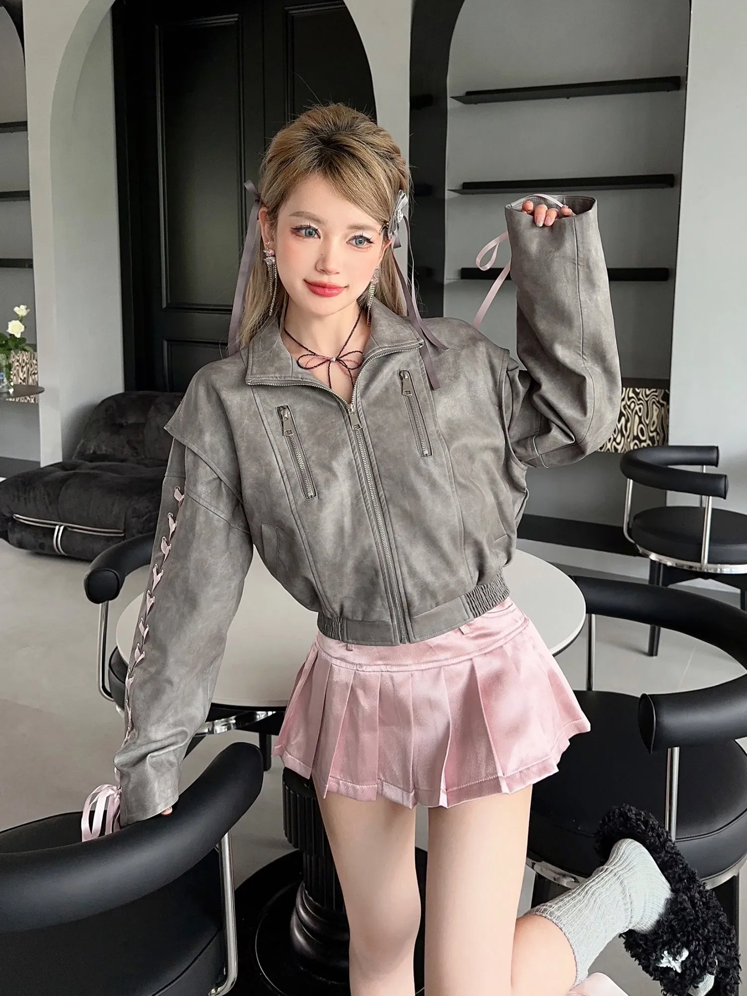 Monet Coquette Bow Gray Leather Jacket & Sexy Pink Strapless Bandeau Tube Top & Pleated Skirt Three Piece Set