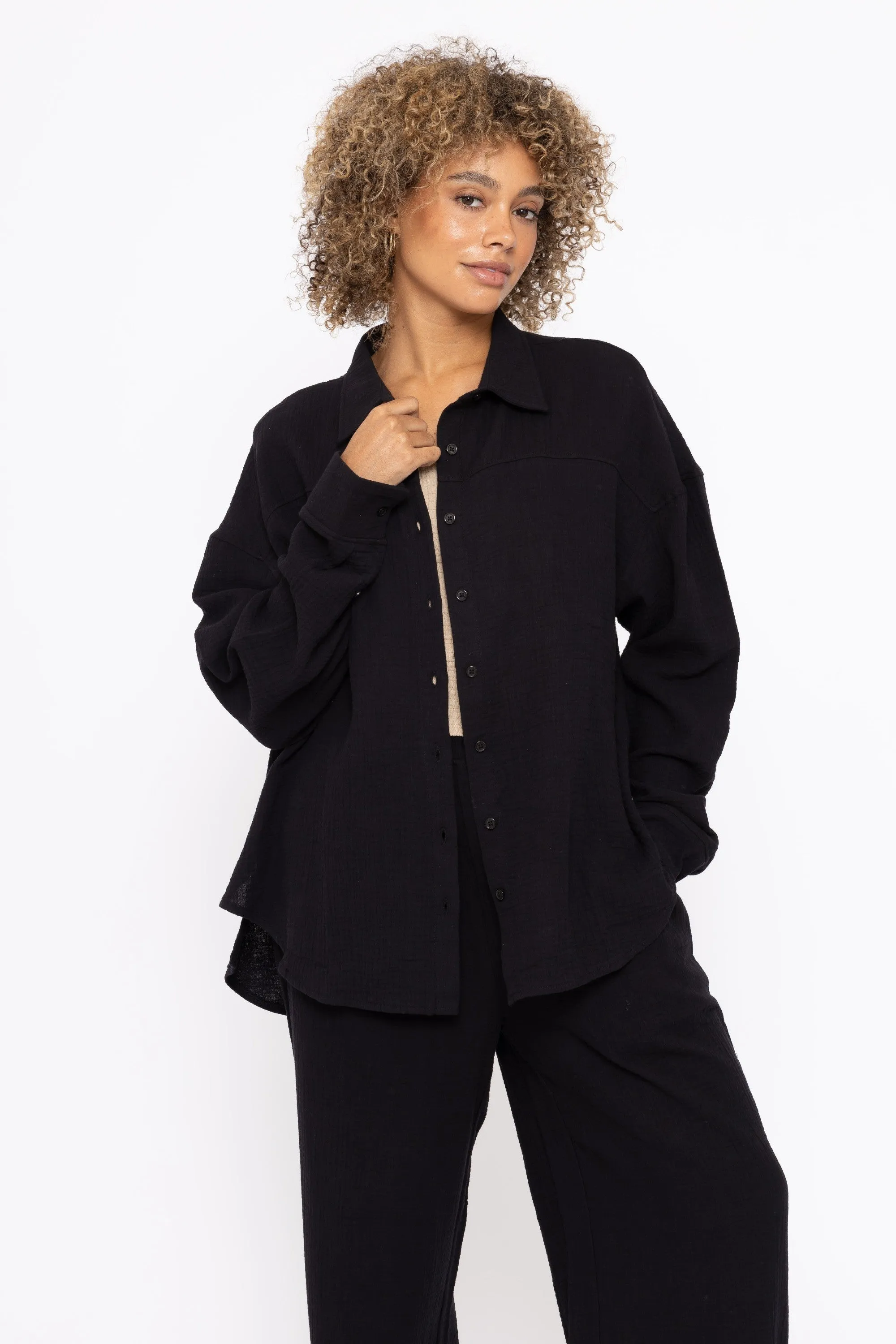 Mono B Cotton Gauze Long Sleeve Button Down Shirt