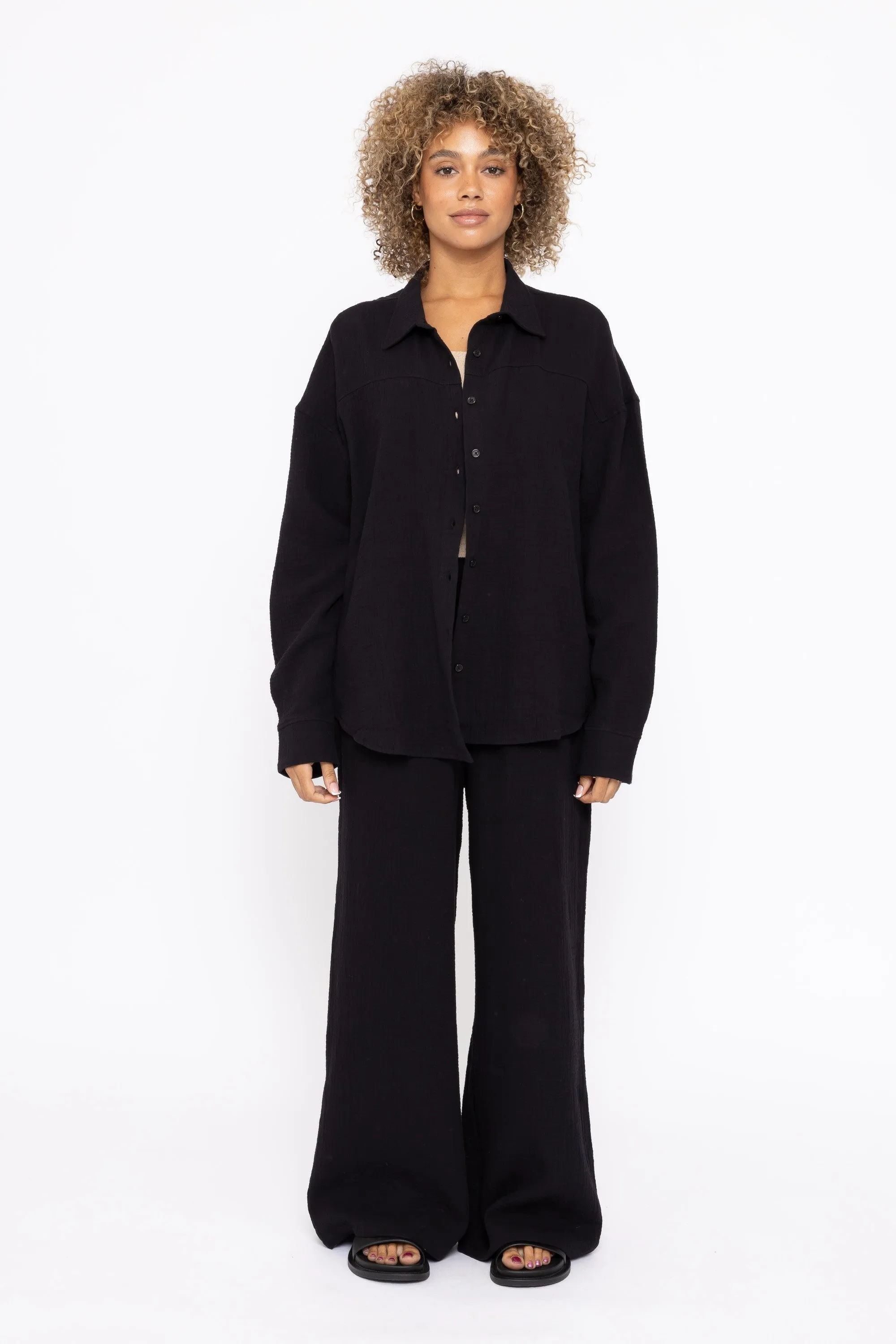 Mono B Cotton Gauze Long Sleeve Button Down Shirt