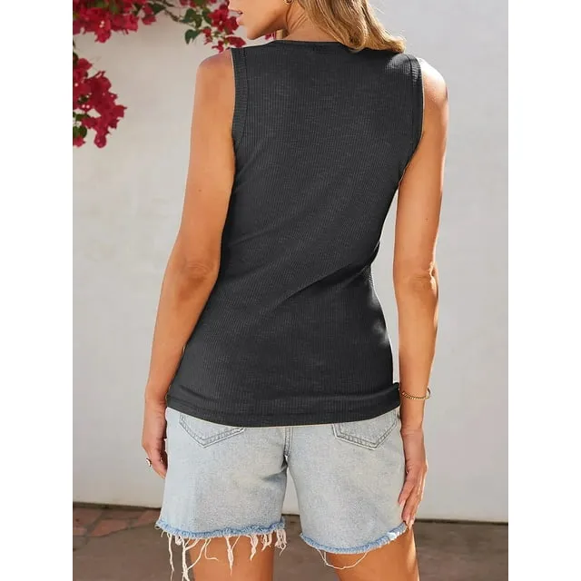 MOSHU Henley Women Tank Tops Ribbed Summer Top