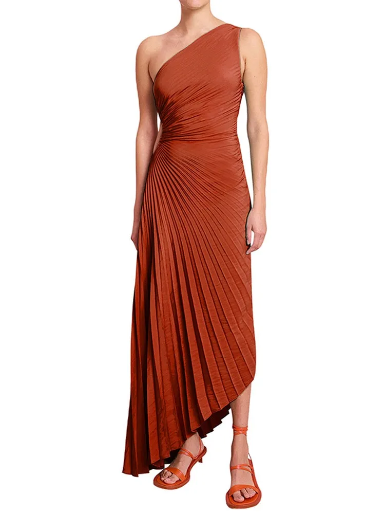 Nsquared Elegant One Shoulder Pleated Diagonal Collar Maxi Dresses