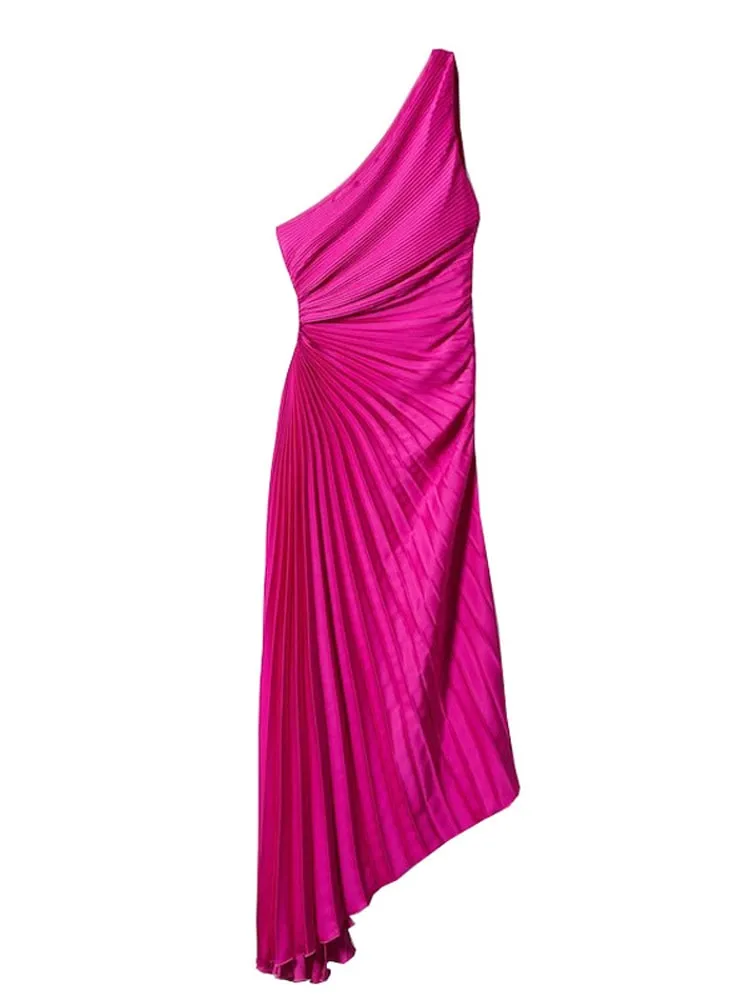 Nsquared Elegant One Shoulder Pleated Diagonal Collar Maxi Dresses