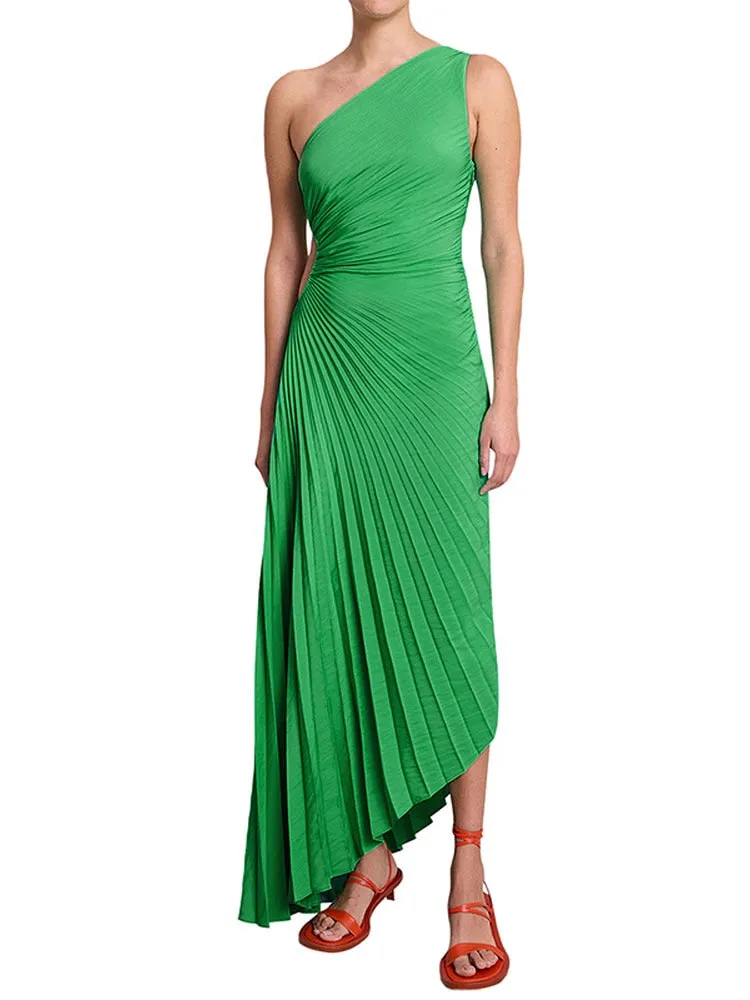 Nsquared Elegant One Shoulder Pleated Diagonal Collar Maxi Dresses