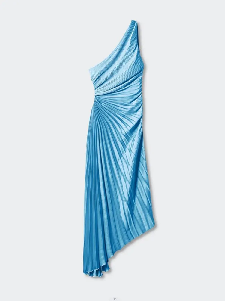 Nsquared Elegant One Shoulder Pleated Diagonal Collar Maxi Dresses