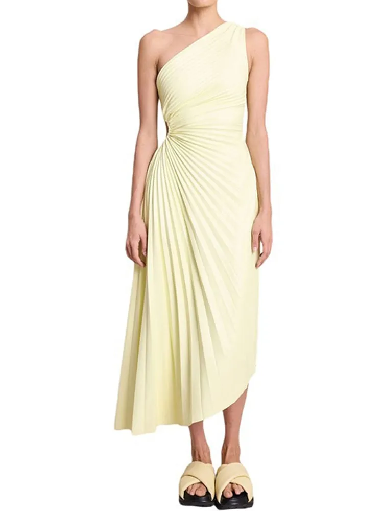 Nsquared Elegant One Shoulder Pleated Diagonal Collar Maxi Dresses