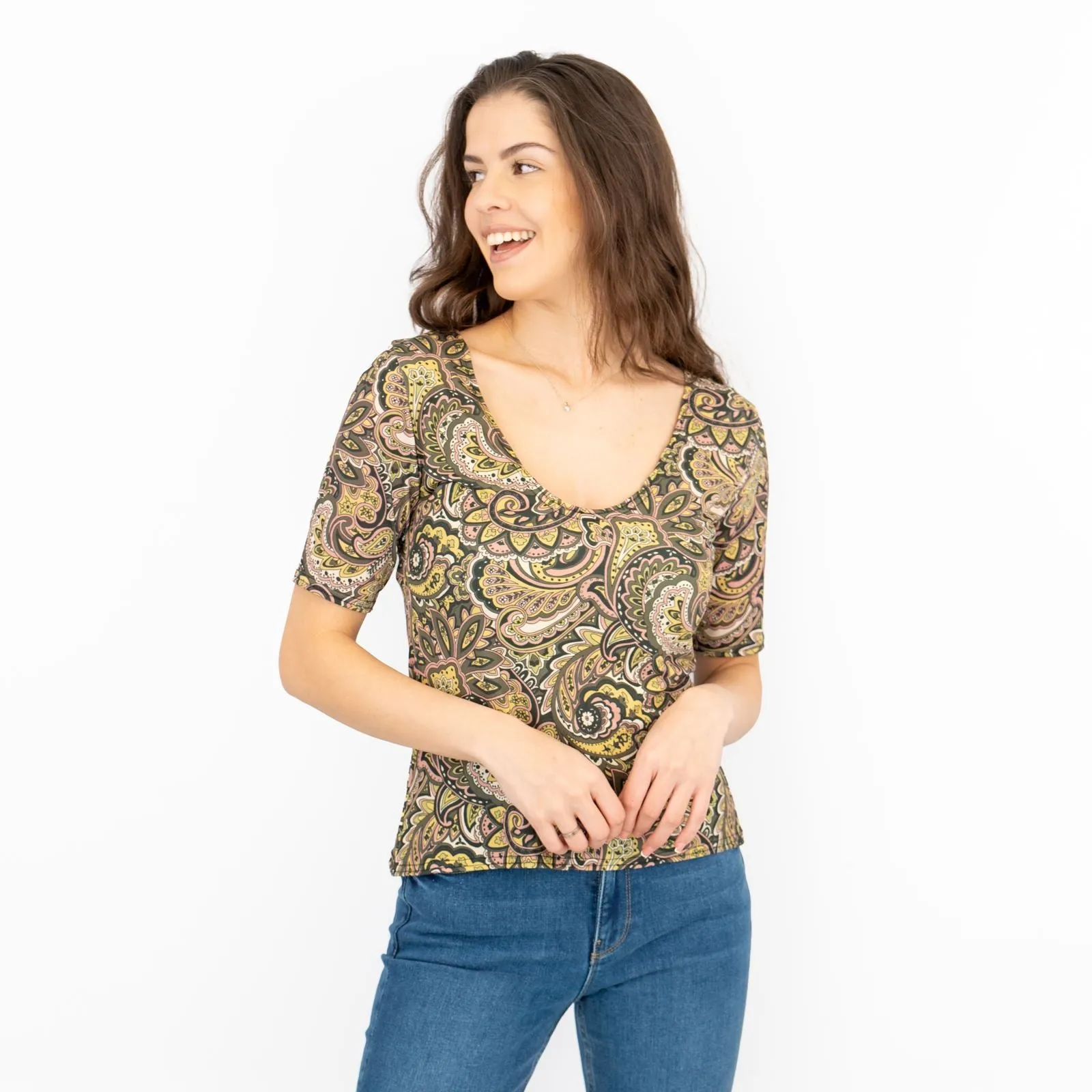 Oasis Green Paisley Print V-Neck Short Sleeve Tops