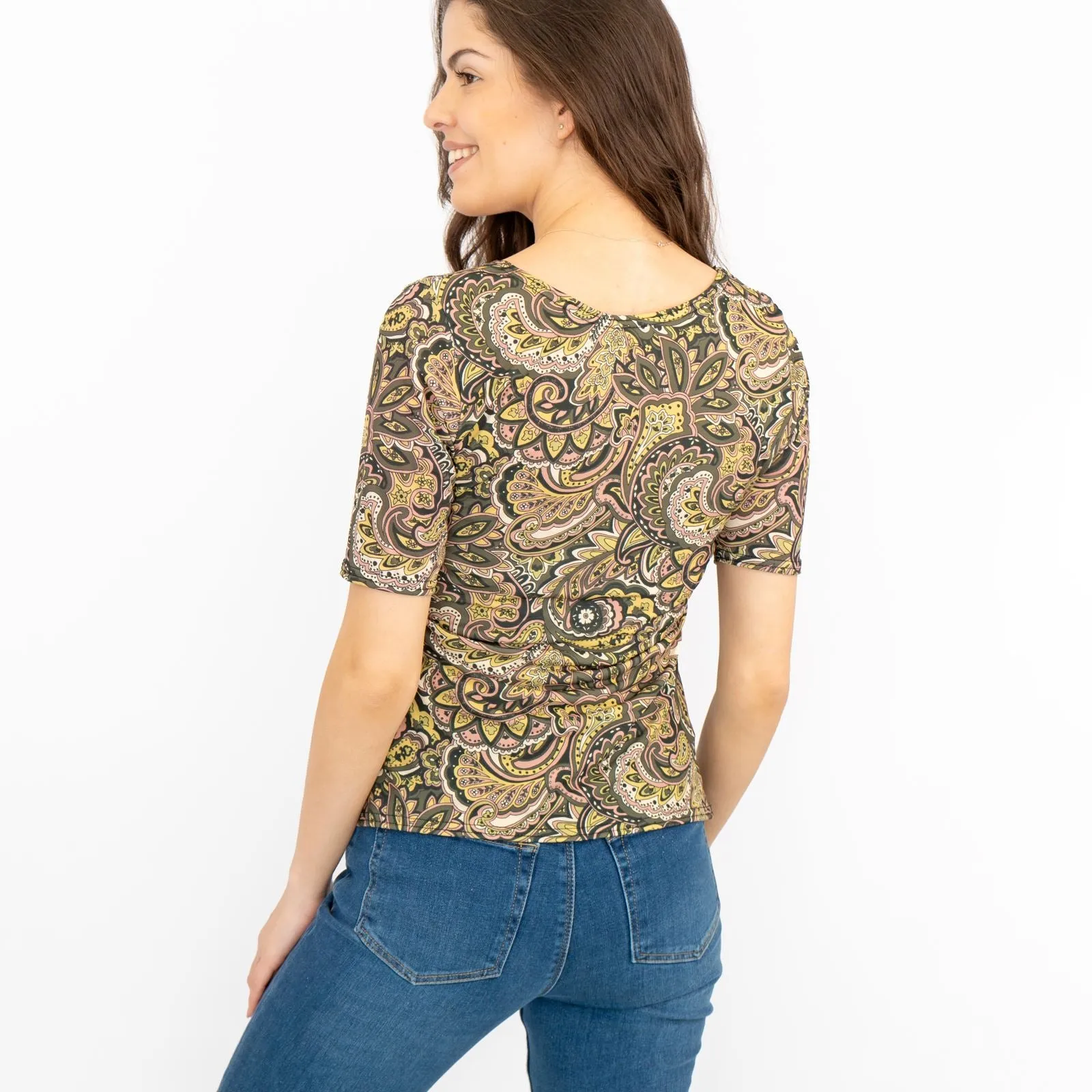 Oasis Green Paisley Print V-Neck Short Sleeve Tops