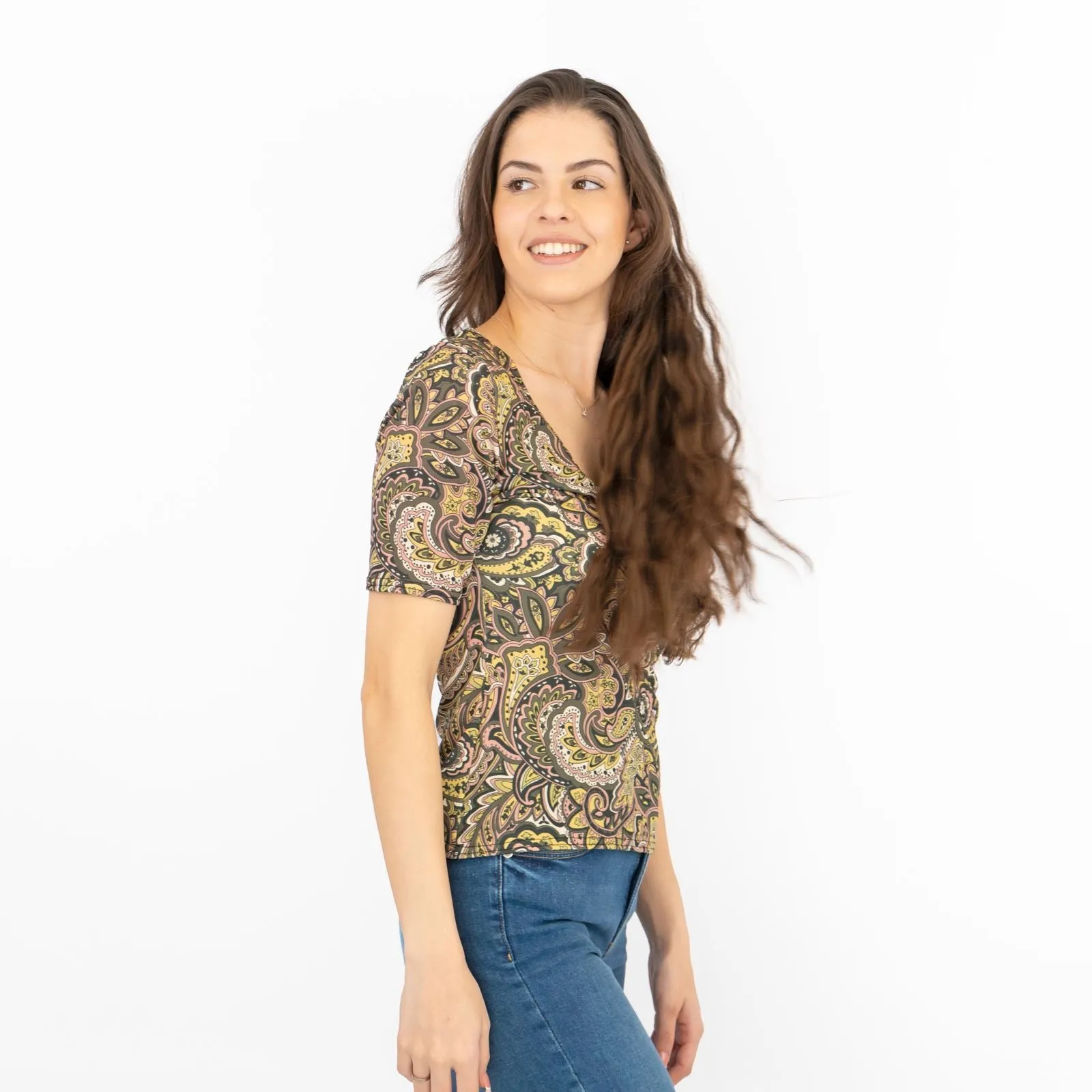 Oasis Green Paisley Print V-Neck Short Sleeve Tops