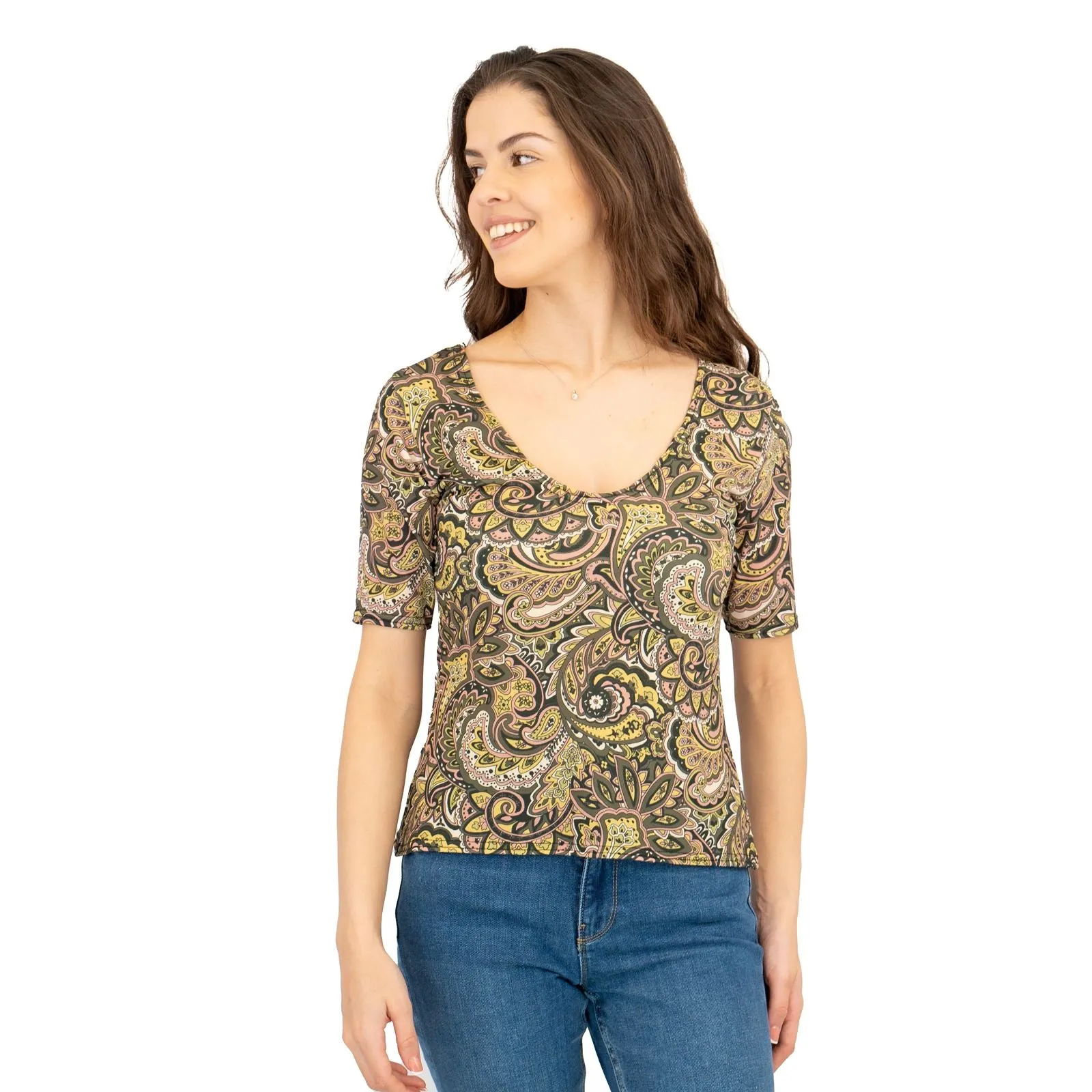 Oasis Green Paisley Print V-Neck Short Sleeve Tops