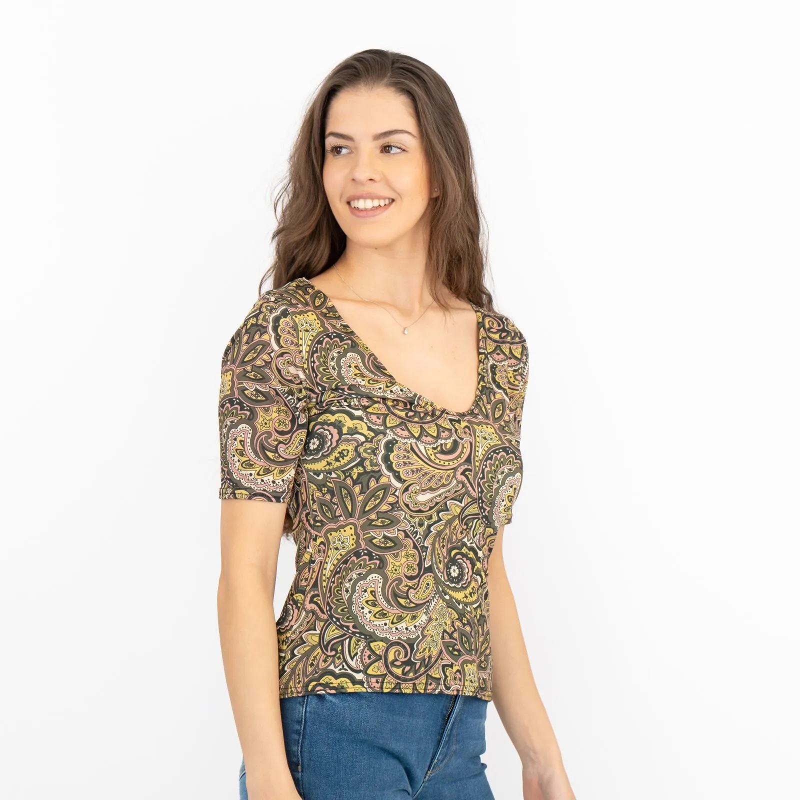 Oasis Green Paisley Print V-Neck Short Sleeve Tops