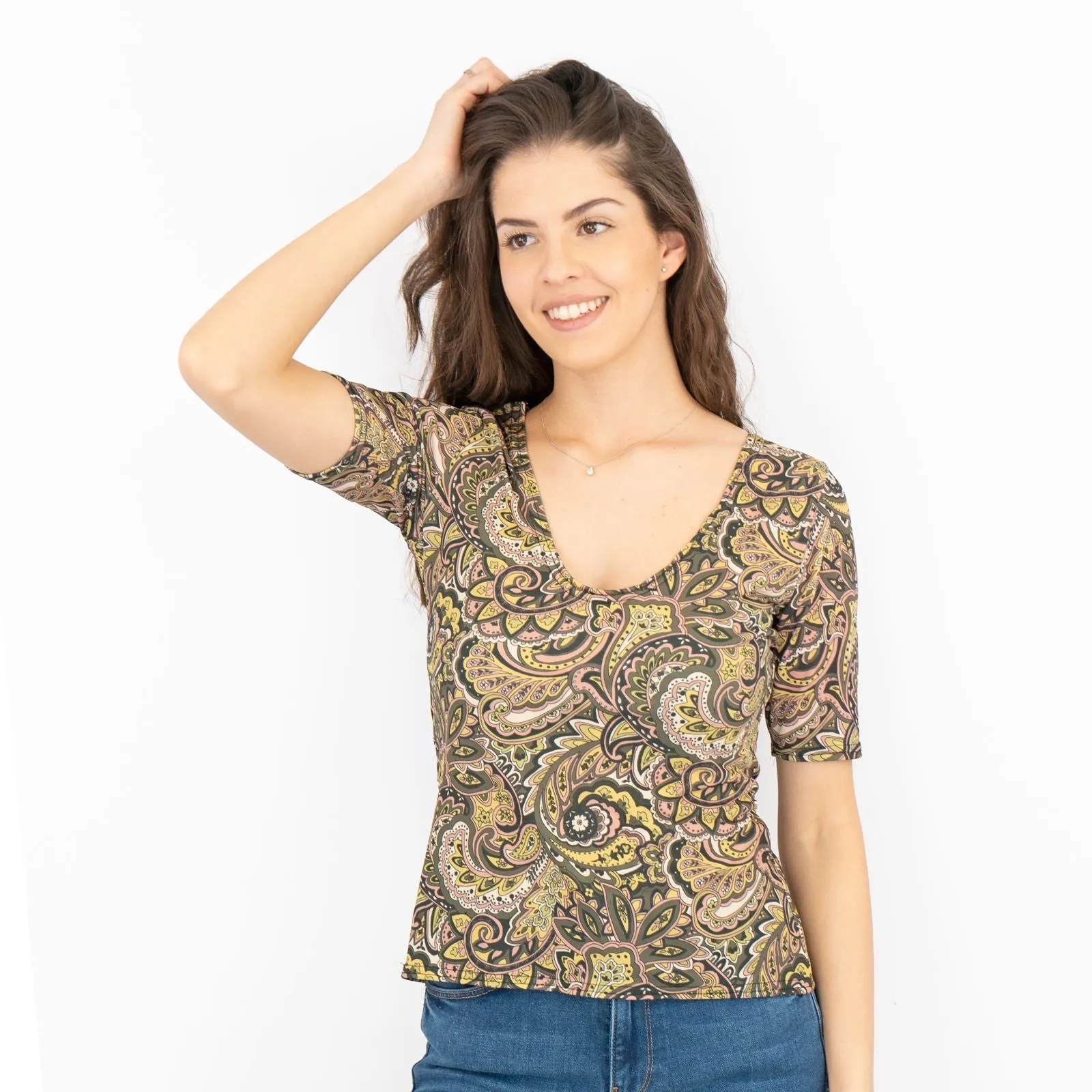 Oasis Green Paisley Print V-Neck Short Sleeve Tops