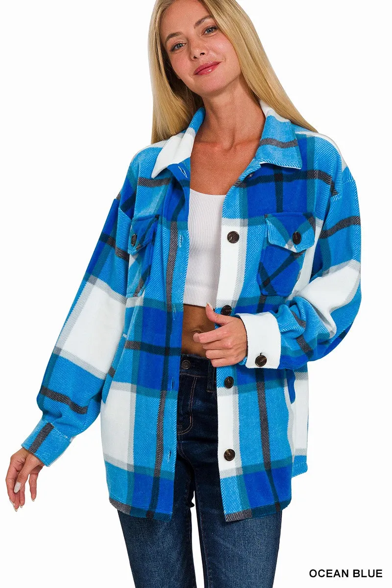 Ocean Blue Oversized Plaid Fleece Shacket
