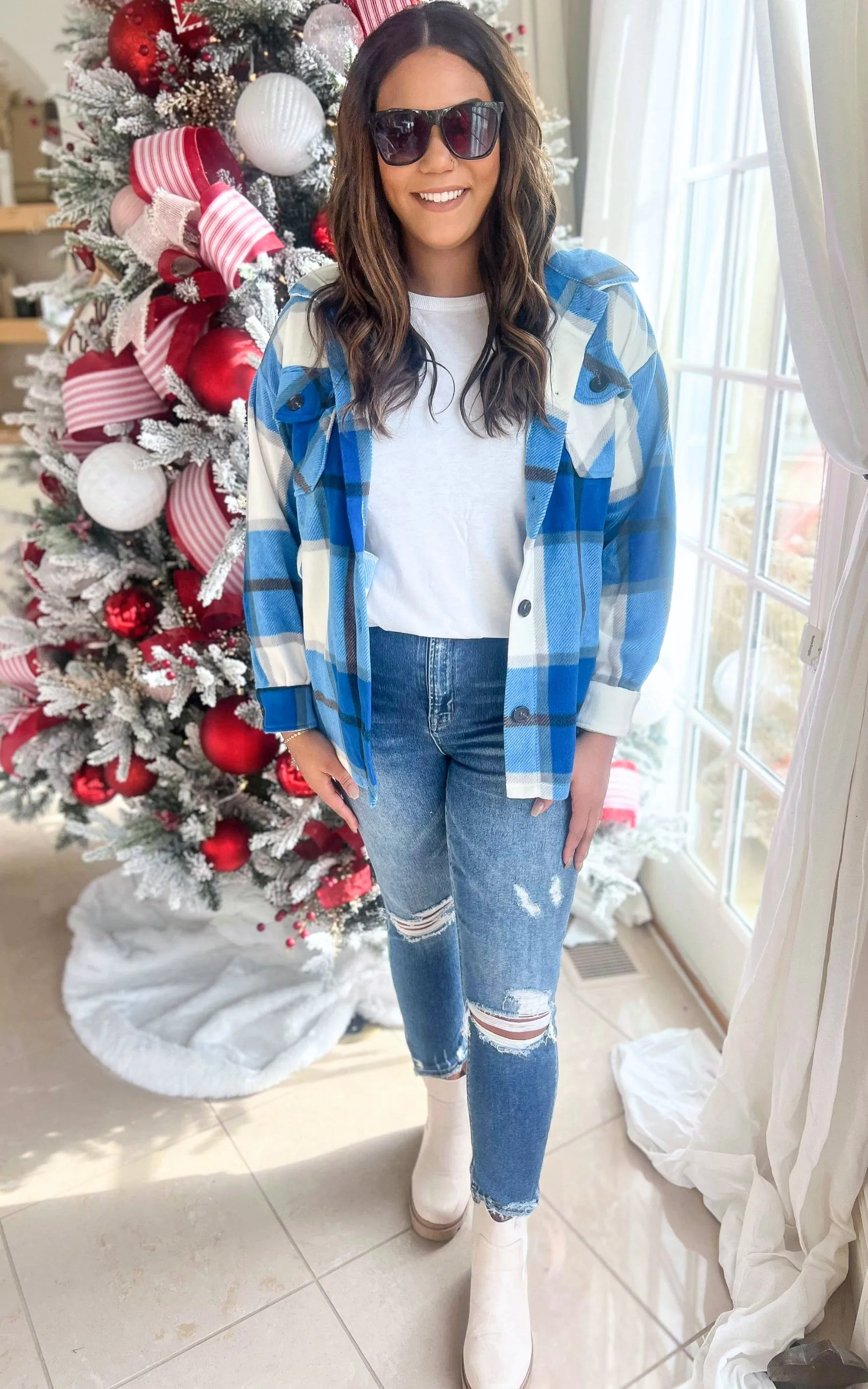 Ocean Blue Oversized Plaid Fleece Shacket