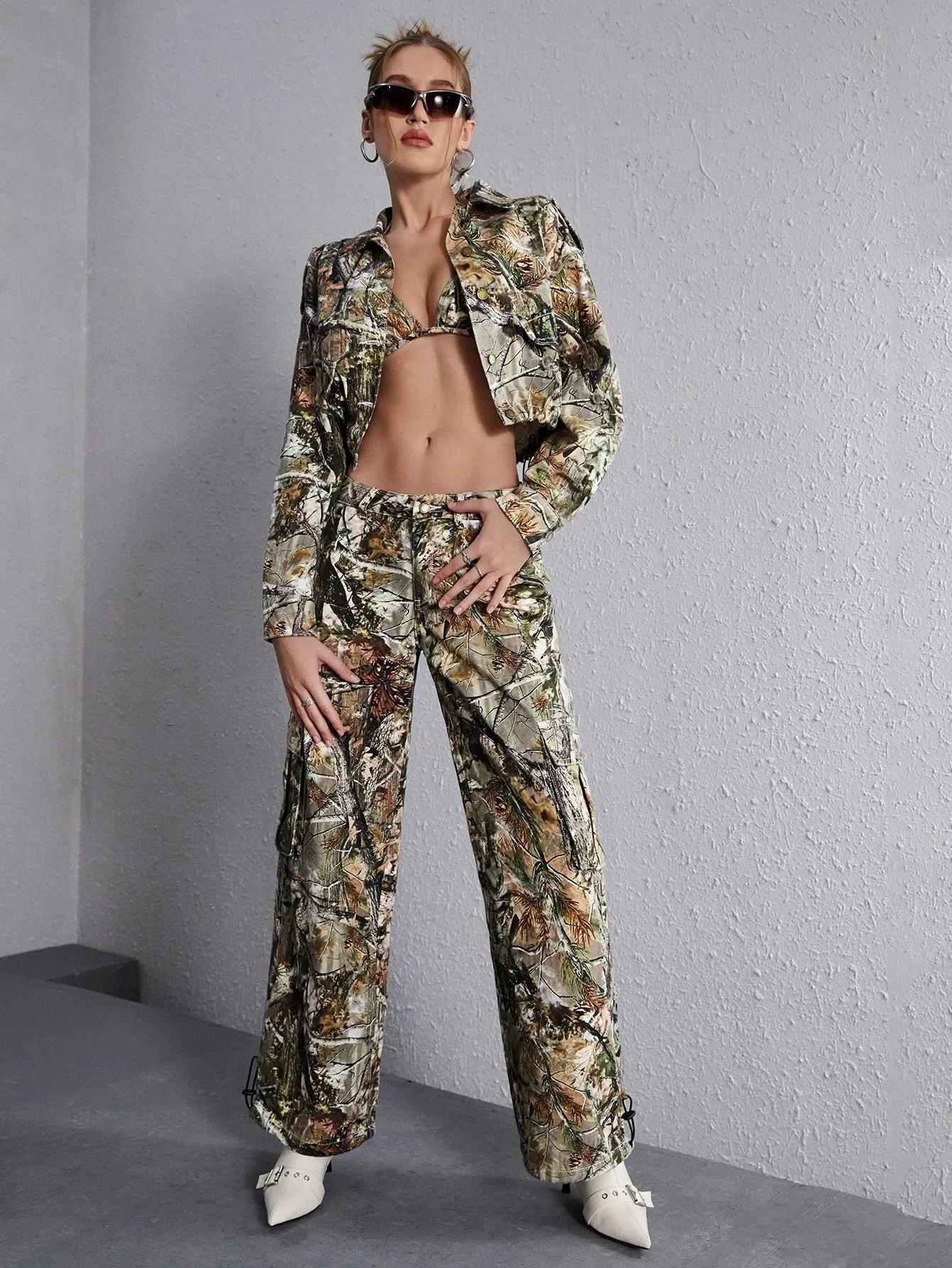Plants Print Drop Shoulder Crop Denim Jacket