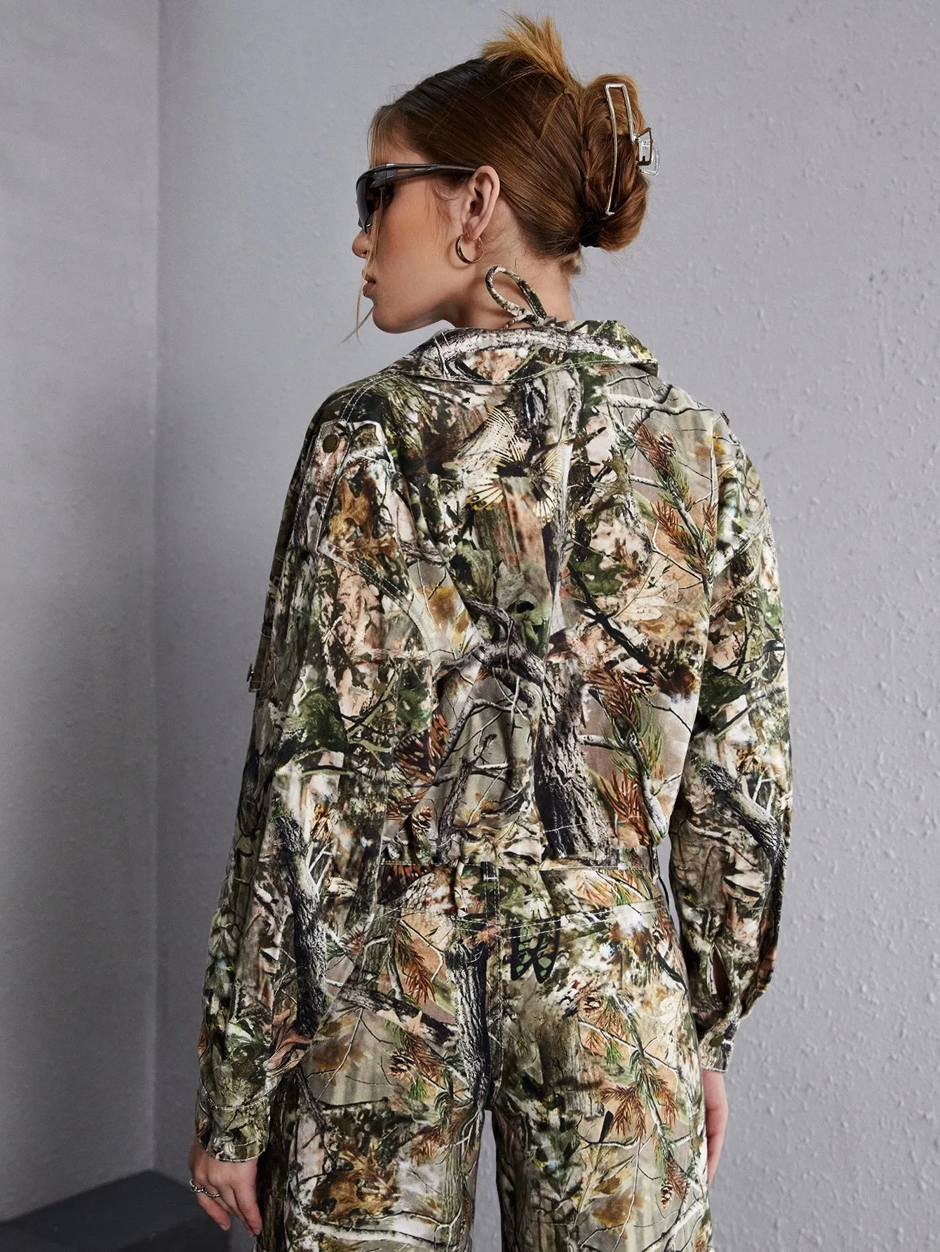 Plants Print Drop Shoulder Crop Denim Jacket
