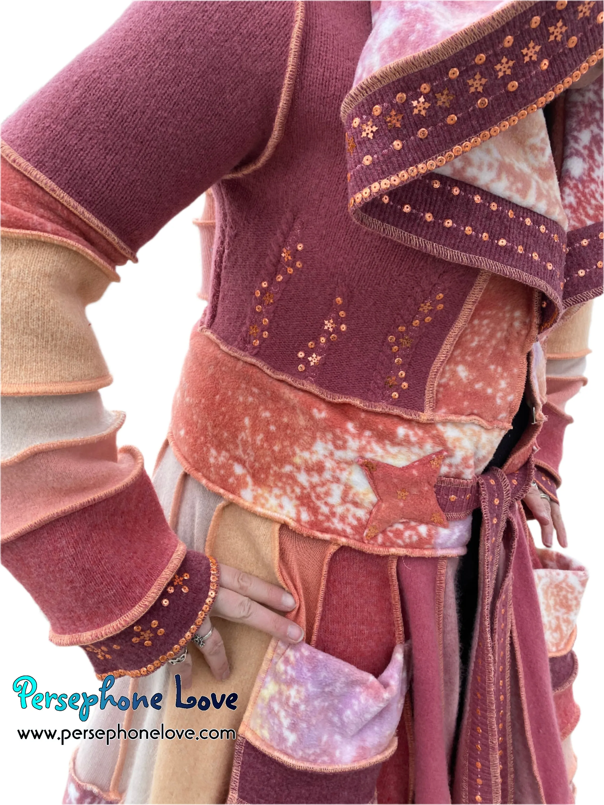 "Easter" Peach needle-felted wool/cashmere Katwise-inspired patchwork elf sweatercoat-2514