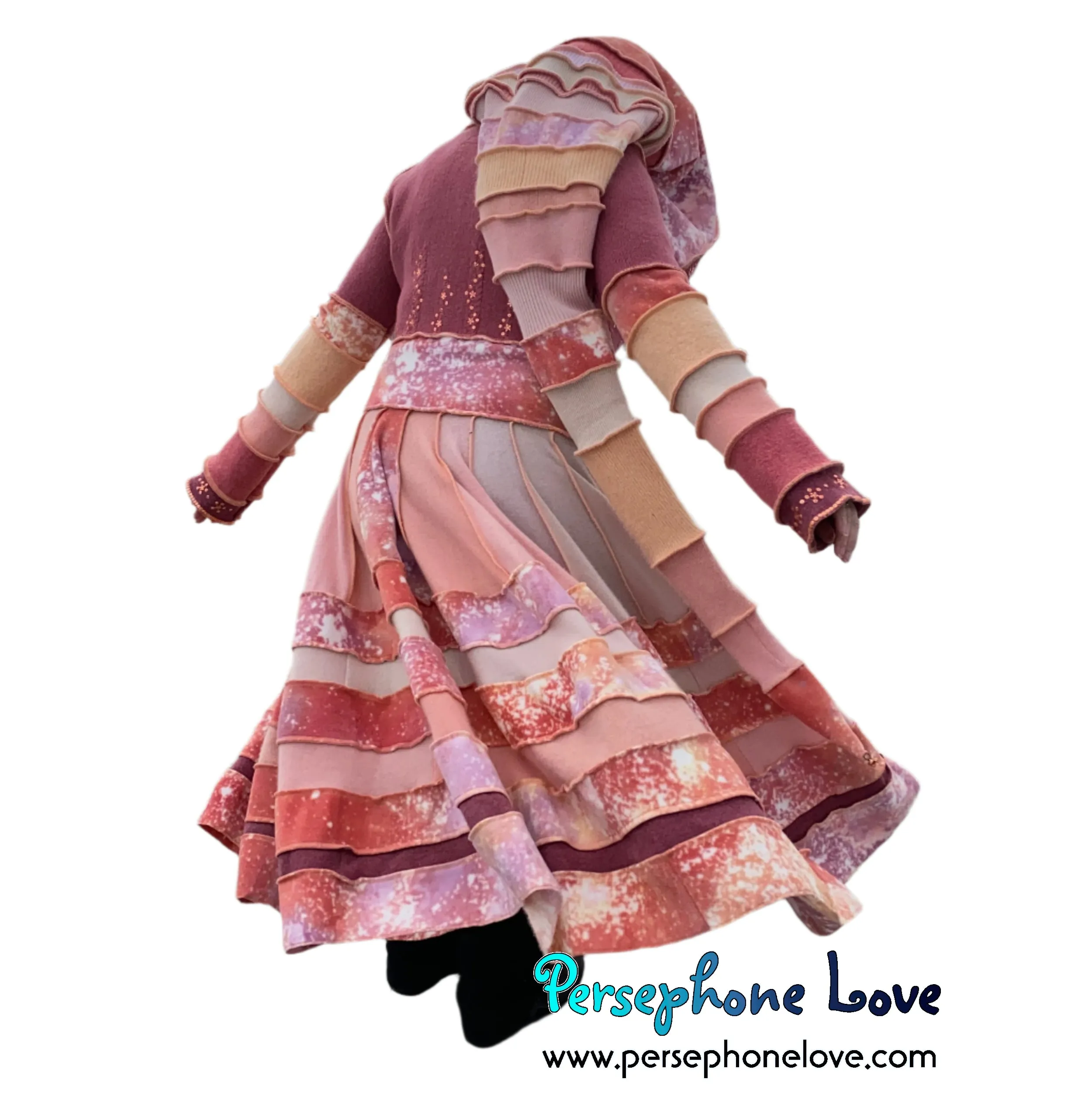 "Easter" Peach needle-felted wool/cashmere Katwise-inspired patchwork elf sweatercoat-2514