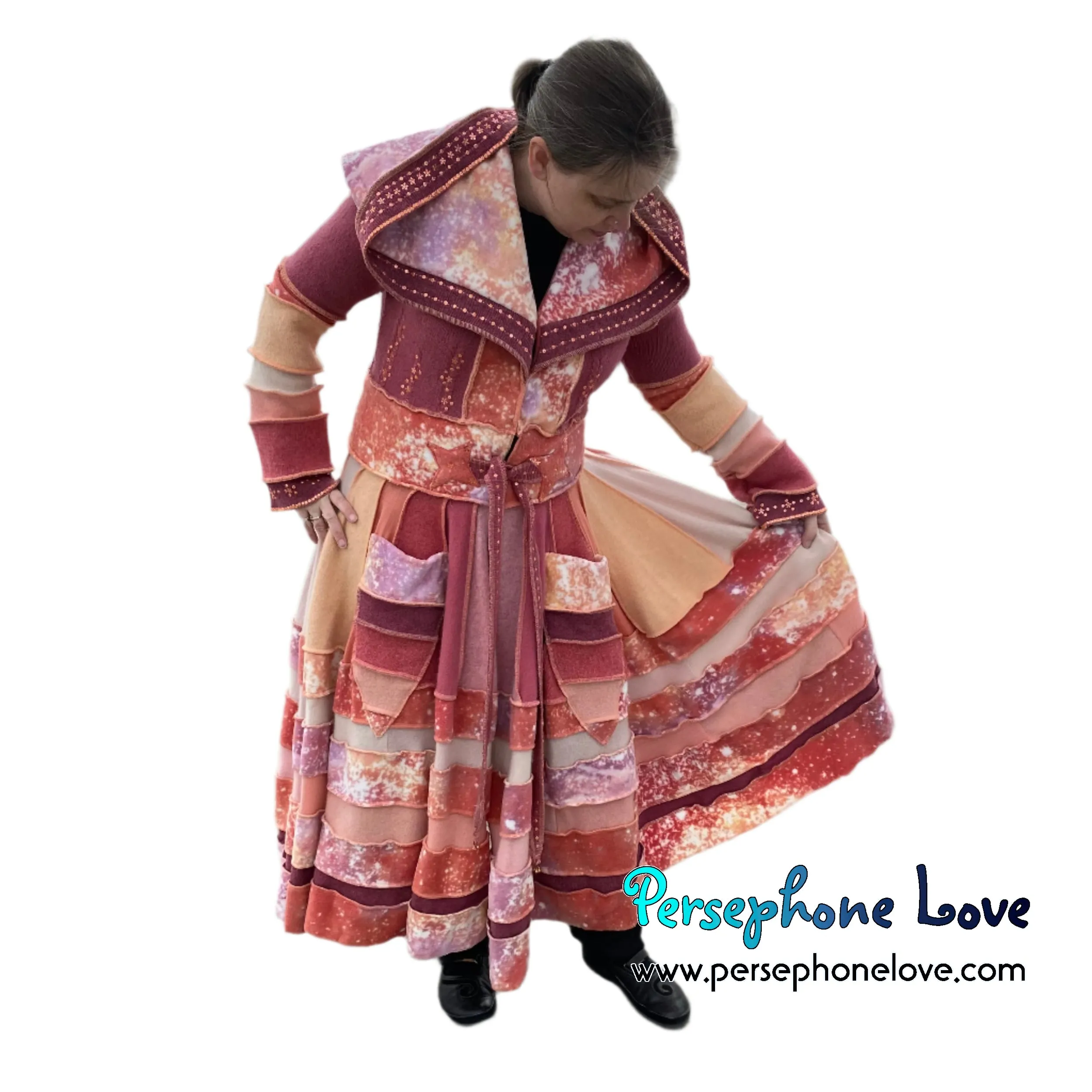 "Easter" Peach needle-felted wool/cashmere Katwise-inspired patchwork elf sweatercoat-2514