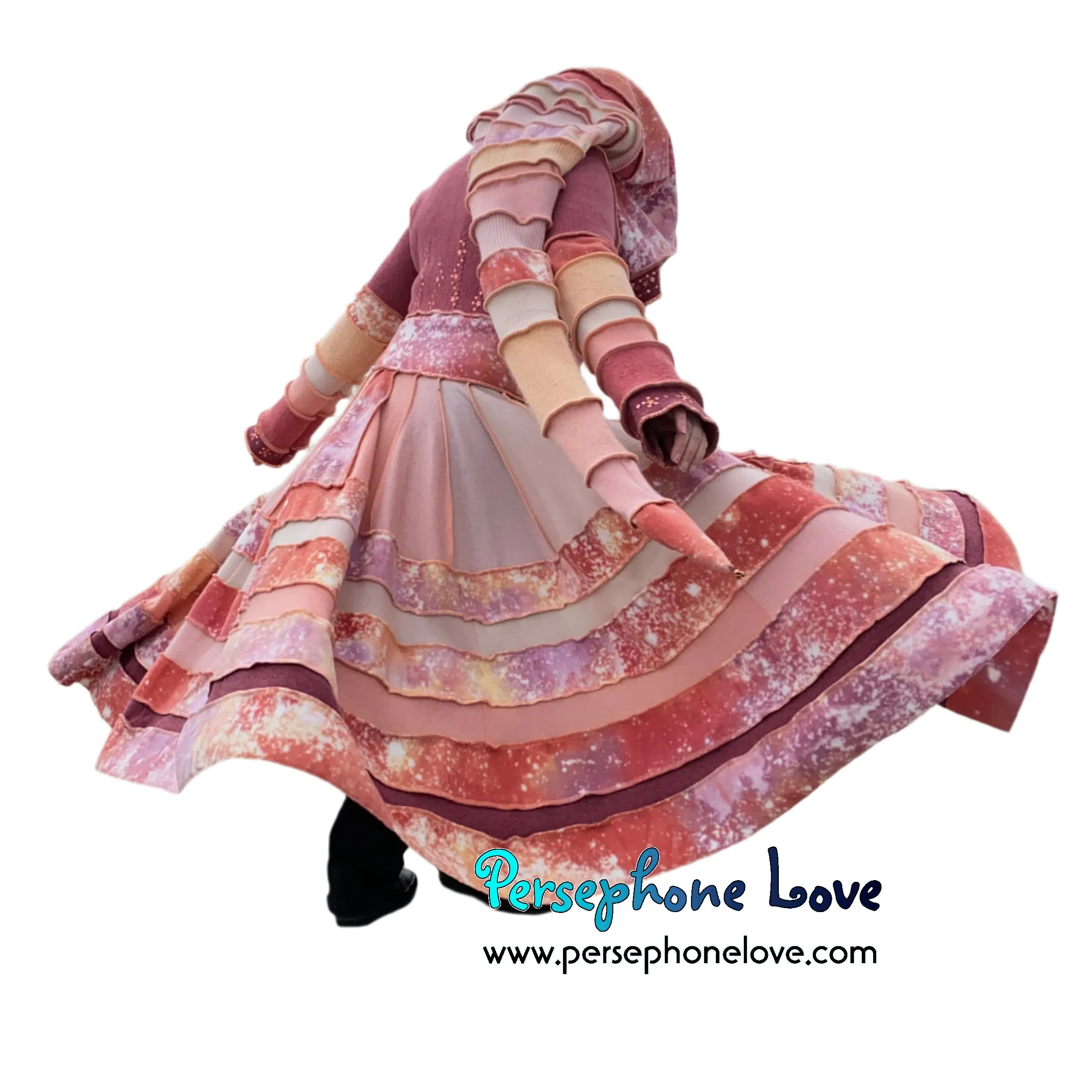 "Easter" Peach needle-felted wool/cashmere Katwise-inspired patchwork elf sweatercoat-2514
