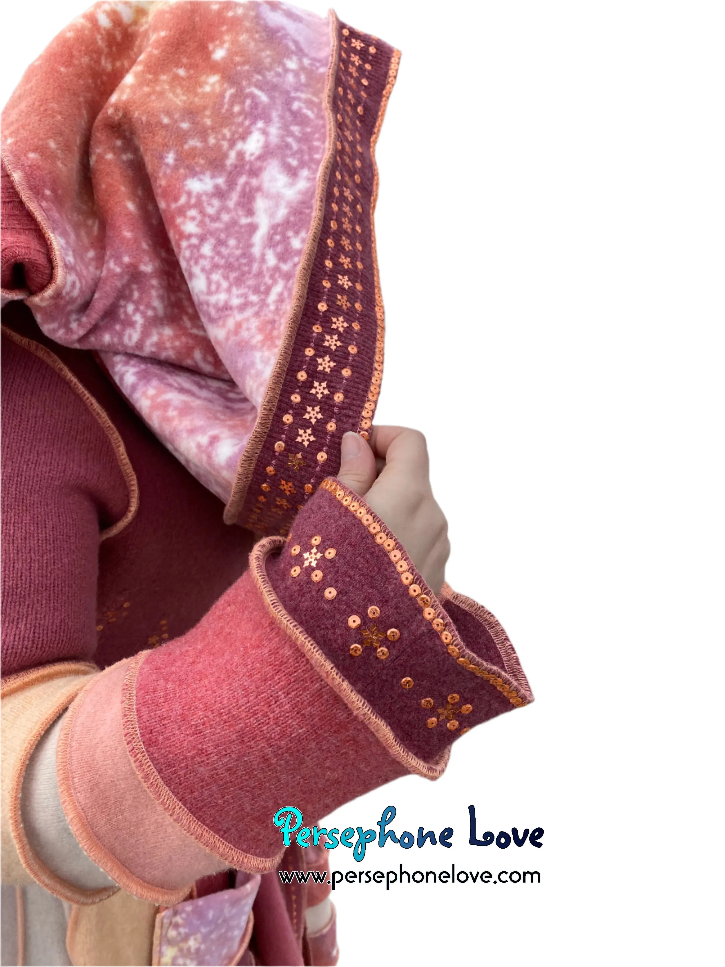 "Easter" Peach needle-felted wool/cashmere Katwise-inspired patchwork elf sweatercoat-2514