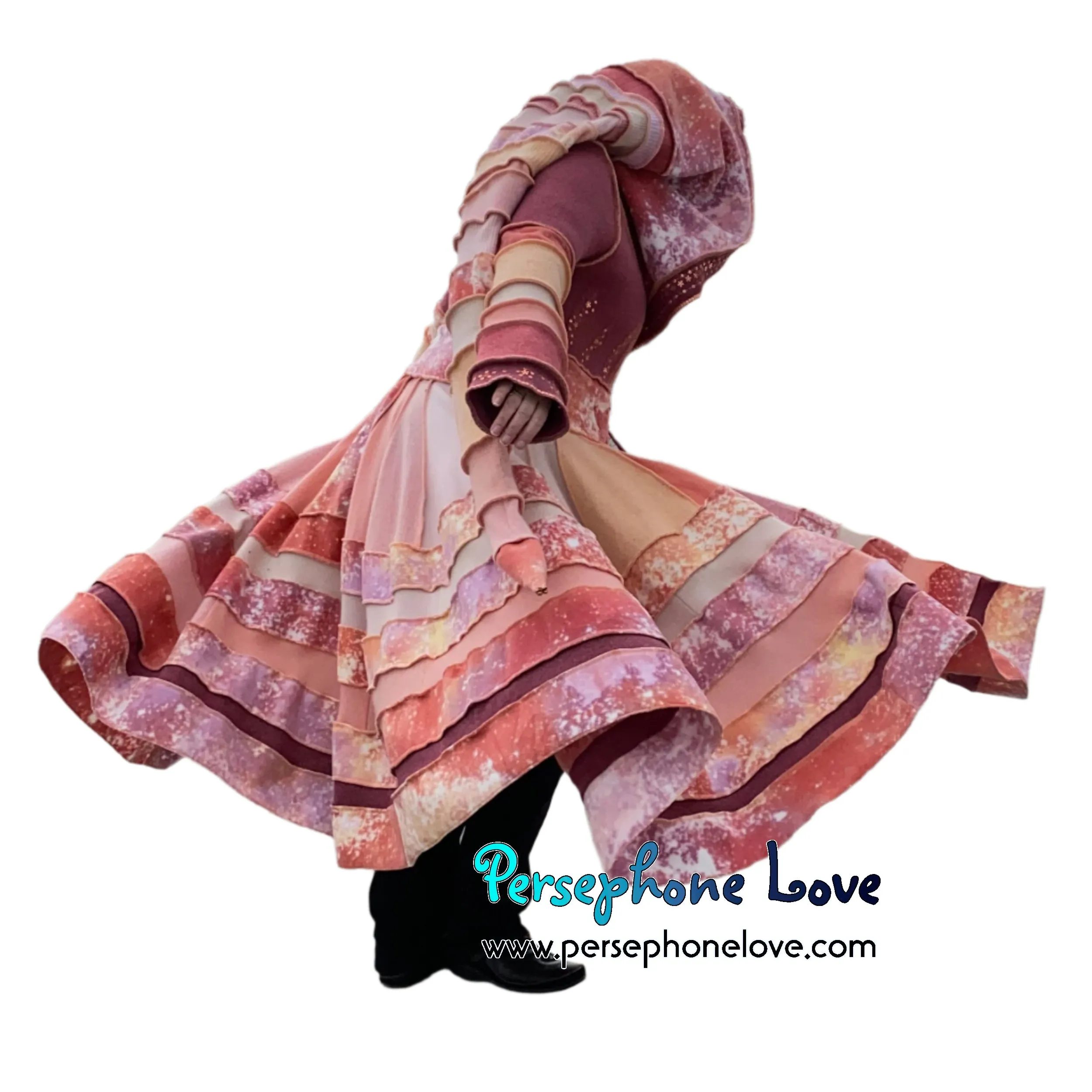 "Easter" Peach needle-felted wool/cashmere Katwise-inspired patchwork elf sweatercoat-2514