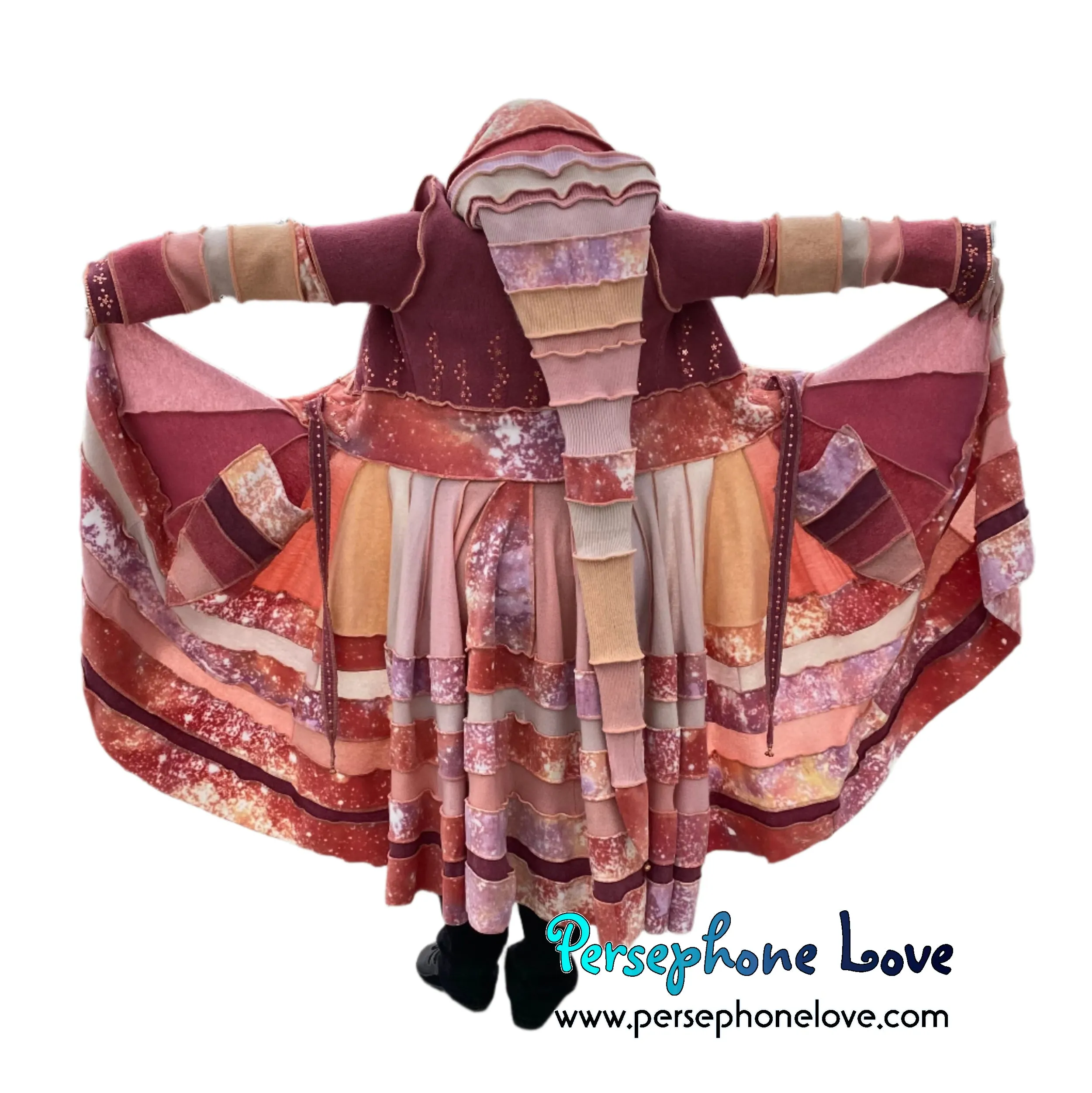 "Easter" Peach needle-felted wool/cashmere Katwise-inspired patchwork elf sweatercoat-2514